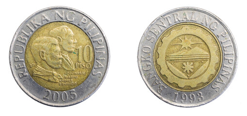 Philippines ten piso coin on white isolated background