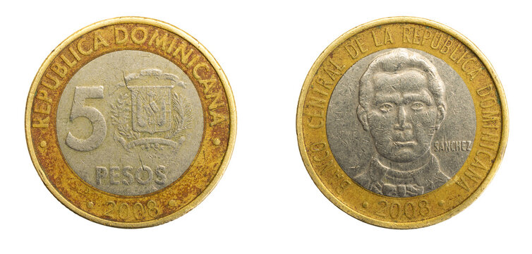 Dominican Republic five pesos coin on white isolated background