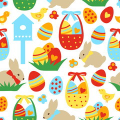 Seamless pattern with a Eggs, flowers, birds, bunny and hand written words Easter, hello.