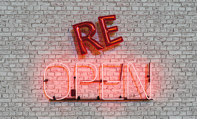 neon sign with the word REOPEN and balloons hanging on brick wall. business reopening