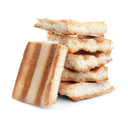 Delicious crispy pita chips on white background