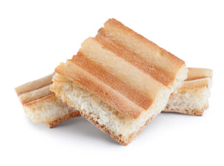 Delicious crispy pita chips on white background