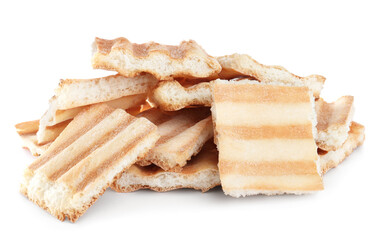 Delicious crispy pita chips on white background