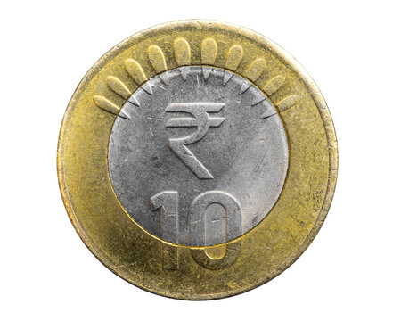 India ten rupees coin on a white isolated background