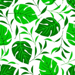 Simple botanical color vector seamless pattern for summer design. Green leaves of monstera on a white background. For fabric prints, textile products, beachwear.