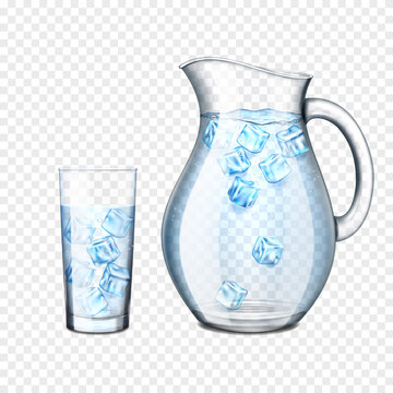 Transparent jug and glass with water and ice, isolated. 