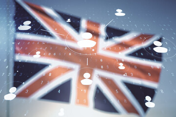 Abstract virtual social network hologram on British flag and sunset sky background. Double exposure