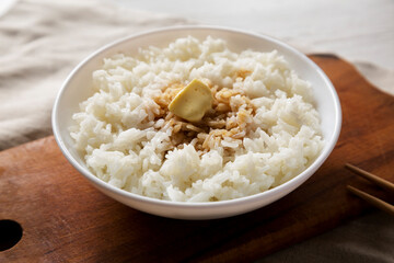 Homemade Japanese Butter Sauce Rice, side view. Close-up.