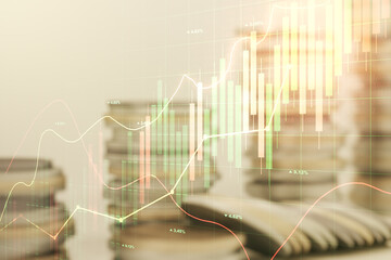 Multi exposure of virtual creative financial chart hologram on growing stacks of coins background, research and analytics concept