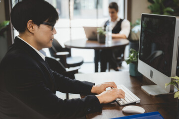 professional executive businessman person in suit working confident in business corporate office, job manager, male working online successful with modern computer