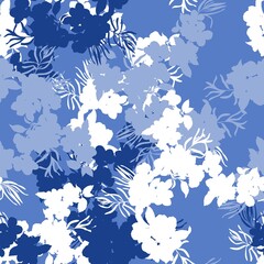 Blue floral camouflage with flowers. Florals silhouettes on a vector seamless pattern