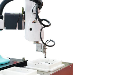 High technology accuracy automation system robot arm with vacuum sucker cup during sorting lift and place or arrange ic chip workpiece in box isolated with clipping path