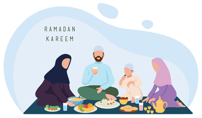 Iftar time with Family during Ramadan month, Ramadan Fasting vector illustration.