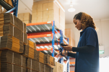 African American worker in warehouse, woman manager checking the store stock, business industry...