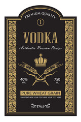 template vodka label with royal crown and ears of wheat in retro style - obrazy, fototapety, plakaty