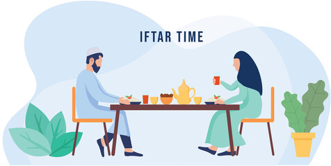 Iftar time with Family during Ramadan month, Ramadan Fasting vector illustration.