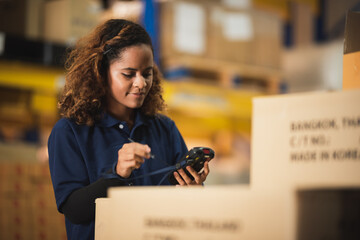 African American worker in warehouse, woman manager checking the store stock, business industry...