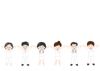 Obraz premium 両手を上げて喜ぶ医療従事者たちのイラスト