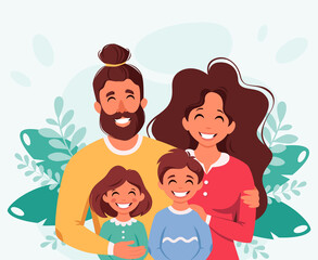 Obraz na płótnie Canvas Happy family with son and daughter. Parents hugging children. Vector illustration