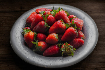 Wet metal plate full of fresh, ripe red, wet strawberries on a wooden kitchen table 