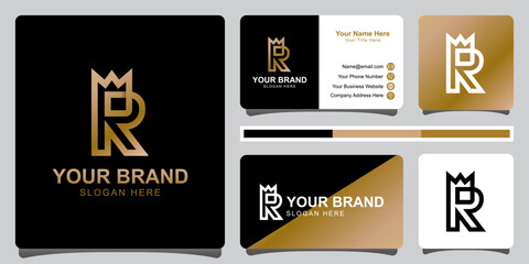 monogram logos of initial letter R with crown linear style for your brand identity with business card design - obrazy, fototapety, plakaty