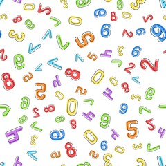 Seamless pattern of multicolored numbers on a white background. It can be used for children's wallpaper, wrapping paper, fabric, covers, templates. Flat vector illustration.