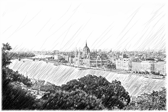 Sketch illustration of a beautiful view of the Hungarian Parliament building in Budapest in Hungary.