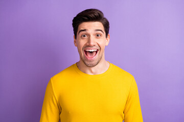 Portrait of shocked young person open mouth cant believe isolated on pastel purple color background