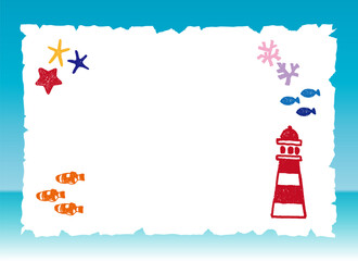 夏の海のイラストセット。灯台と海の生き物のカードのイラストセット。