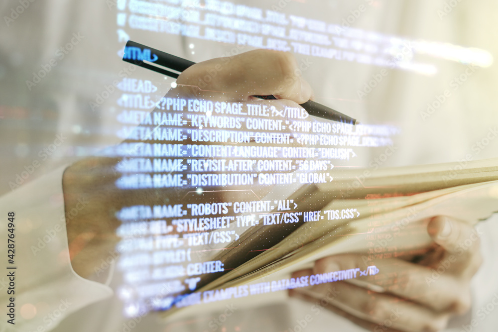 Poster double exposure of abstract creative programming illustration and man hand writing in notepad on bac