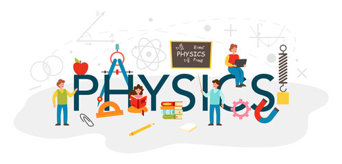 Physics typographic header. Scientist explore electricity, magnetism