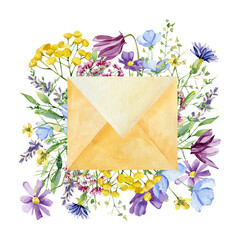 Watercolor envelope with wild flowers and wild greenery plants. Lavander, crocus, buttercup, tansy, violets and carnation, yarrow, herbal romantic floral love message.