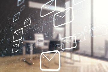Double exposure of postal envelopes hologram and modern desktop with laptop on background....