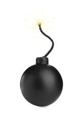 Old fashioned black bomb with lit fuse on white background
