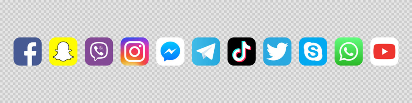 Top social media programs logo set. Editorial image. VINNITSIA, UKRAINE. APRIL 19, 2021.