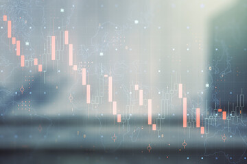 Abstract virtual global crisis chart and world map sketch on contemporary business center exterior background, falling markets and collapse of global economy concept. Double exposure