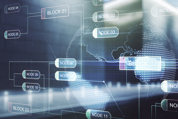 Multi exposure of abstract software development hologram and world map on modern business center exterior background, global research and analytics concept