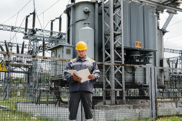 The energy engineer inspects the equipment of the substation. Power engineering. Industry