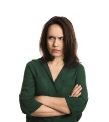 Fototapeta premium Portrait of angry woman on white background. Hate concept