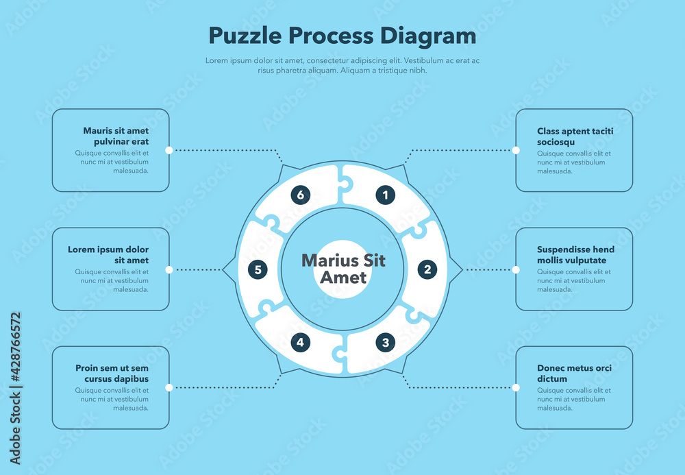 Poster Simple concept for puzzle process diagram with six steps and place for your description - blue version. Flat infographic design template for website or presentation.