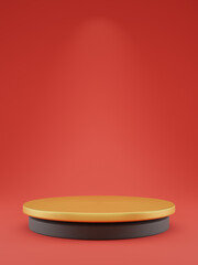 Ellipse-shaped matte gold podium on gray platform. Red light background. Mock up of empty pedestal in center as a abstract symbol. 3d render illustration.