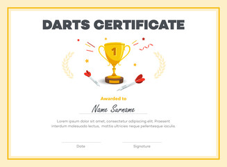 Fototapeta na wymiar First place darts certificate diploma with place for your content. Isolated on white background.