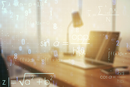 Creative scientific formula illustration on modern computer background, science and research concept. Multiexposure