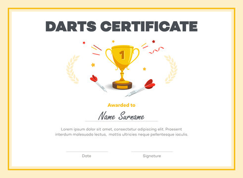 First place darts certificate diploma with place for your content. Isolated on white background.