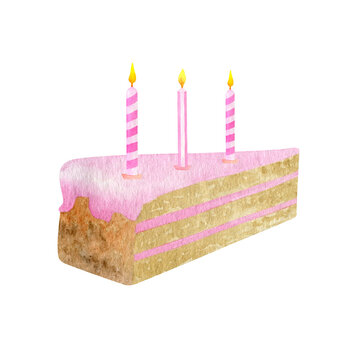 Watercolor piece of Birthday cake with 3 candles. Hand drawn cute biscuit cake slice with pink glaze. Dessert ilustration isolated on white background. Baby girl Birthday celebration cake