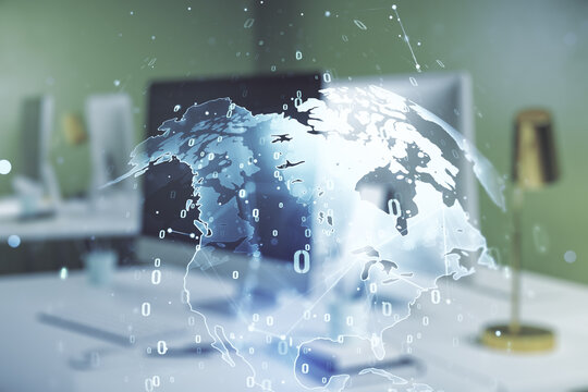 Multi exposure of abstract software development hologram with world map on laptop background, global research and analytics concept