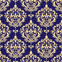 Damask vector seamless pattern, victoraian textile or fabric print design with swirls and leaves, arabic retro background
