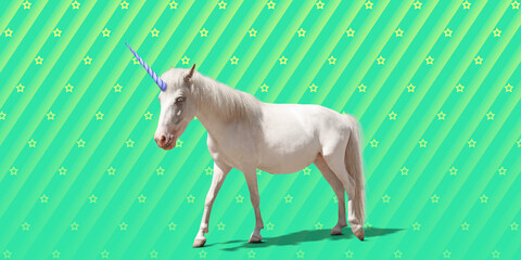 Trendy art collage. Beautiful unicorn on color background, banner design