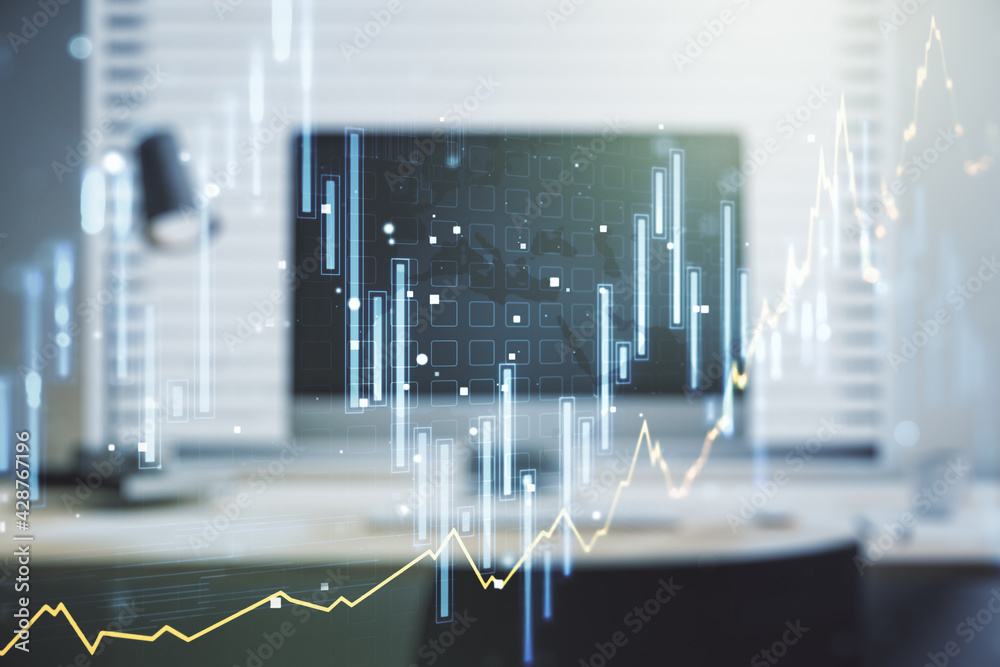 Aufkleber multi exposure of abstract creative financial chart on computer background, research and analytics c