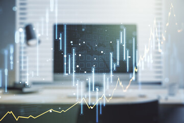 Multi exposure of abstract creative financial chart on computer background, research and analytics...